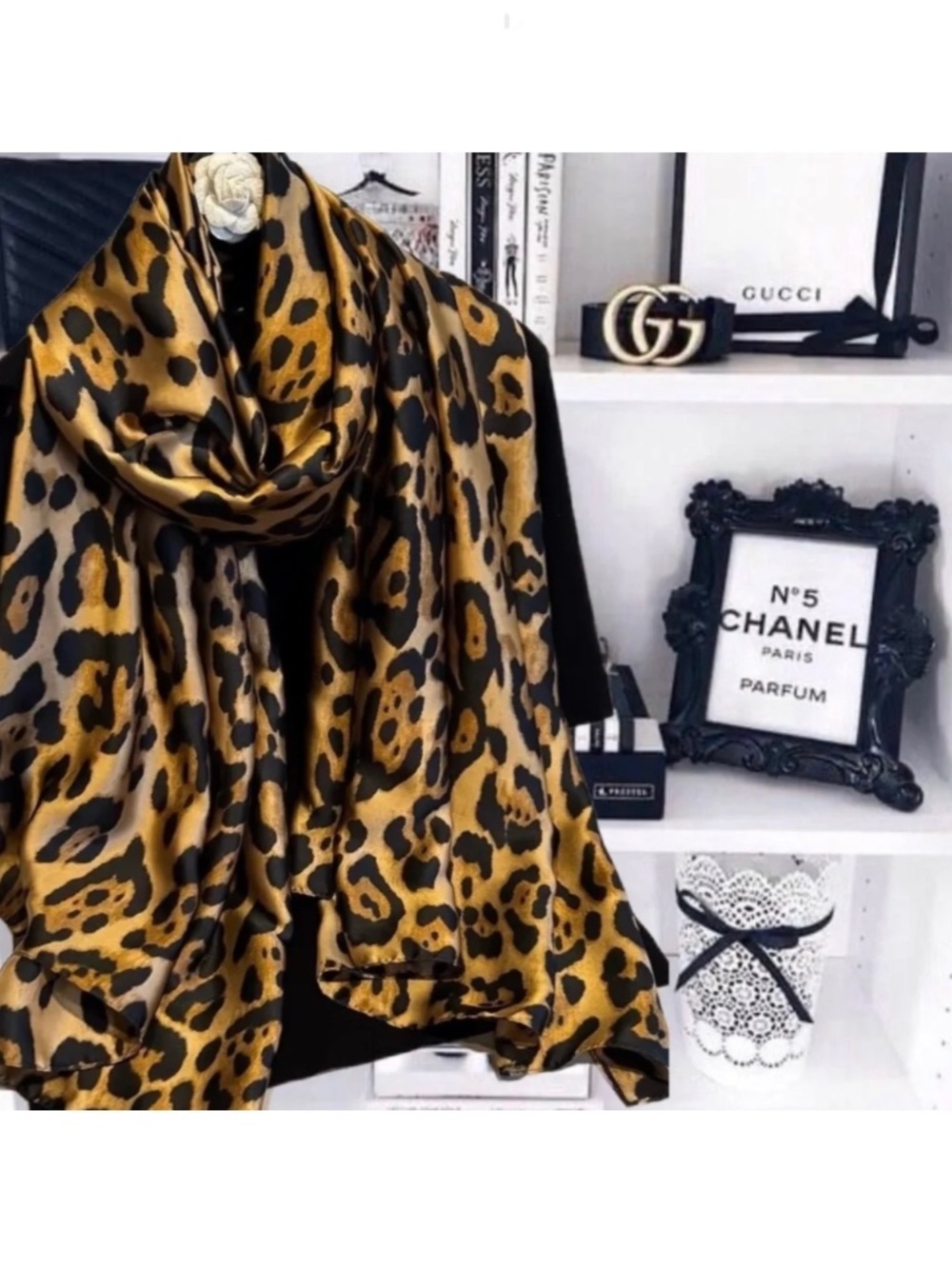 Luxury 100% SILK SATIN Large Shawl Leopard Print Scarf Animal Print Wrap Coverup